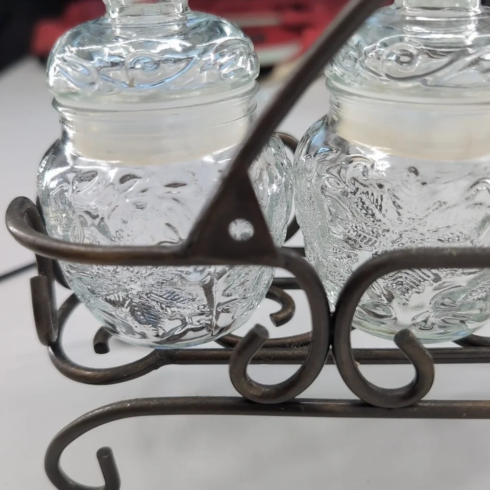 Princess House 5 Piece Fantasia Spice Jars with Bronze Wrought Iron Scroll Caddy